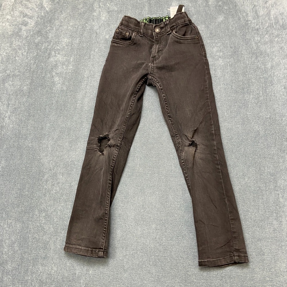 Levi's 511 Slim Fit Jeans Boys 7 Black Dark Wash Adjustable Waist Distressed.